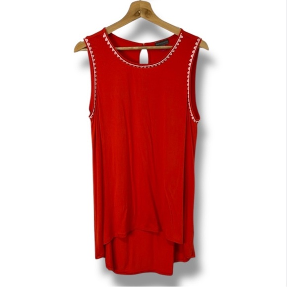 Vince Camuto Women's Large Red Orange Sleeveless Tunic Tank Top Embroidered Trim - Picture 1 of 11